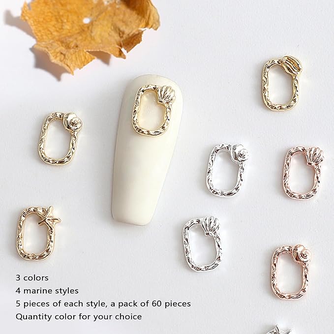 60 PCS Ocean Frame Nail Charm, 3D Retro Starfish Sea Abalone Shell Nail Charms Summer Metal Nail Charms Accessories Punk Nail Art Supplies for Manicure Nail Art Craft DIY Nail Decorations