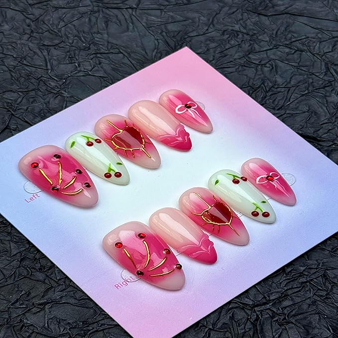 100% Handmade Press on Nails Medium Almond Handmade Nails with Hearts Bow Design Pink Fake Nails Glossy Gold Lines Nail Press ons Reusable Spring Summer Valentine Acrylic Nails for Women Size L 10Pcs