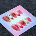 100% Handmade Press on Nails Medium Almond Handmade Nails with Hearts Bow Design Pink Fake Nails Glossy Gold Lines Nail Press ons Reusable Spring Summer Valentine Acrylic Nails for Women Size M 10Pcs