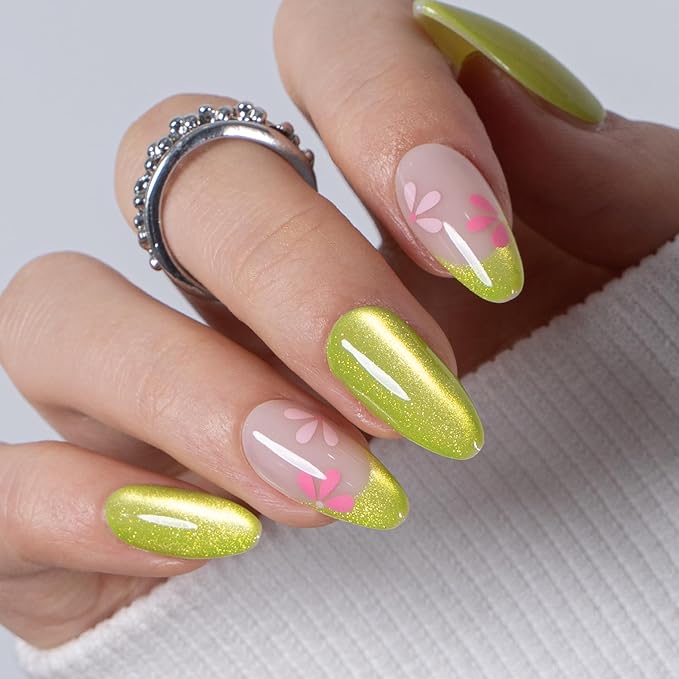 CurvLife Soft Gel Almond Press On Nails, Long-Lasting Reusable Fake Nails Kit with Glue & Tabs, 30pcs Salon-Quality Stick On Nails for Women At-Home Manicure (Lime Bloom)