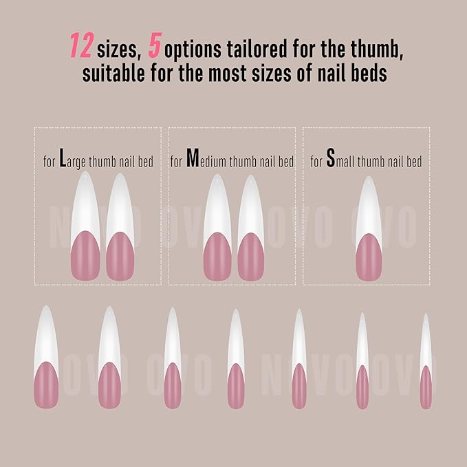 NOVO OVO Halloween XXL Curved Stiletto Almond French Tip Nail Tips, Soft Gel Extra Thick Long Acrylic Hawk Curve Fake Extension, Need Builder Gel & Top Coat, Full Cover Press on DIY 12 Sizes 240 pcs