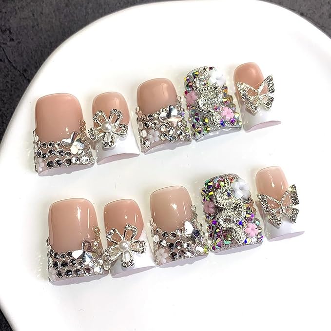 Flower Press on Nails Short Duck False Nails 3D Luxury Handmade Fake Nail with Rhinestone Butterfly Design Full Cover Thicked Acrylic Nail White French Tip Stick on Nails for Women (Size S)