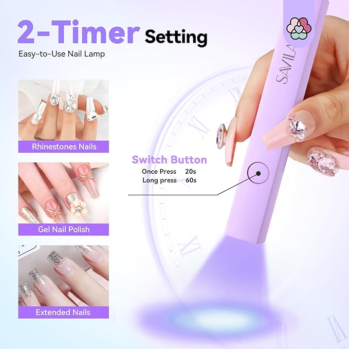 SAVILAND Handheld UV Light for Nails: 3W Portable Mini UV Flash CureLight for Gel Nail Sticker LED Gel Nail Lamp 180mAh Rechargeable Flashlight Type-c Gel Nail Dryer Home DIY Nail Flash Cure Light