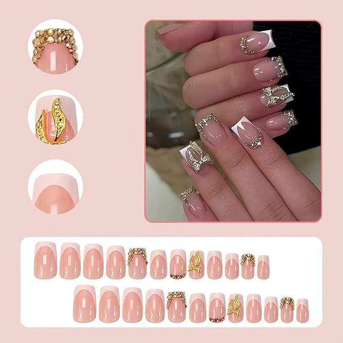24Pcs White French Tip Press on Nails Short Square Gold Bow Fake Nails with Rhinestones Designs Full Cover Artificial Acrylic Nude Diamond Stick on Nails Reusable Glue on Nails for Women Manicure