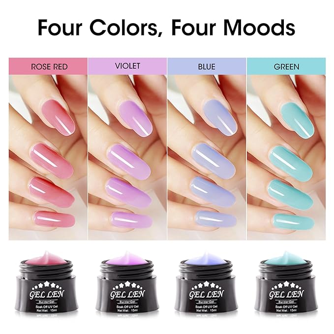 Gellen Builder Gel Kit - Nail Extension Kit with 4 Pastel Colors: Rose, Red, Violet, Blue, Green - Hard Gel Nail Builder, 15ml