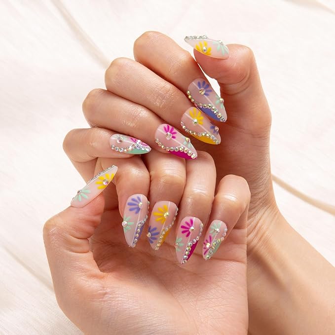 LOVFUL Press on Nails Wild Blooming French Tip | Handmade with Full Covered Crystals | Reusable Fake Nails | Almond Regular 1.0 in | H156-M