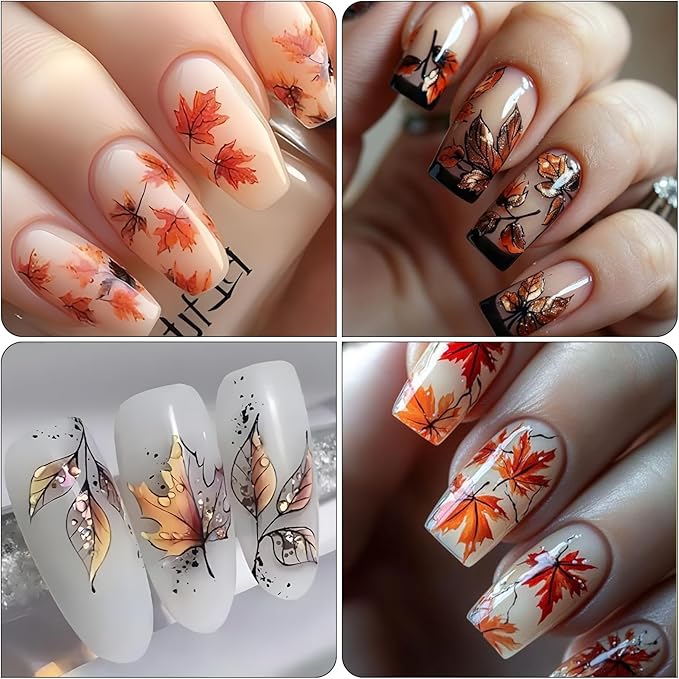 Fall Nail Stickers - Autumn Withered Maple Self-Adhesive 3D Nail Decals for Women Girls DIY Thanksgiving Day Leaves Vein Manicure (4 Sheets)