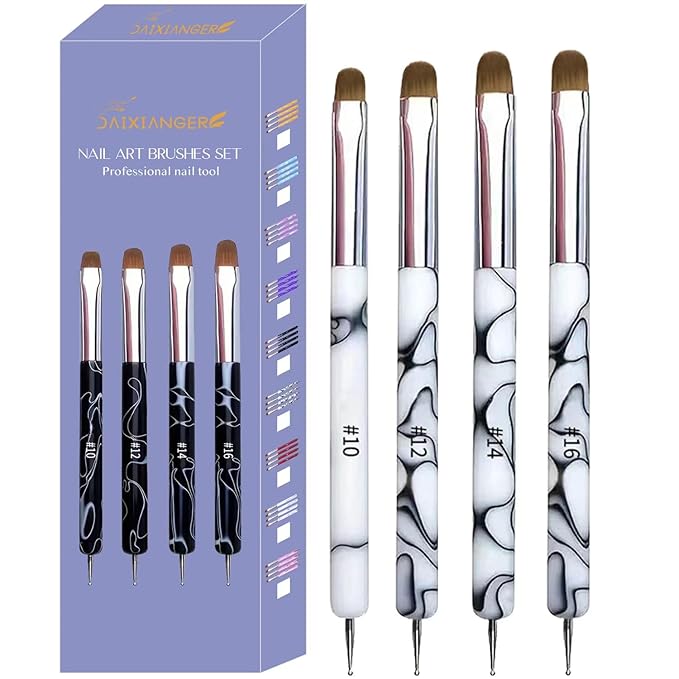 4Pcs French Tip Brush, Double-Ended French Brushes for Nails with Dotting Tool, Clean Up Brush for Gel Nail Polish, Size 10/12/14/16, Acrylic Nail Art Brushes, Manicure Tools for Nail Design-White
