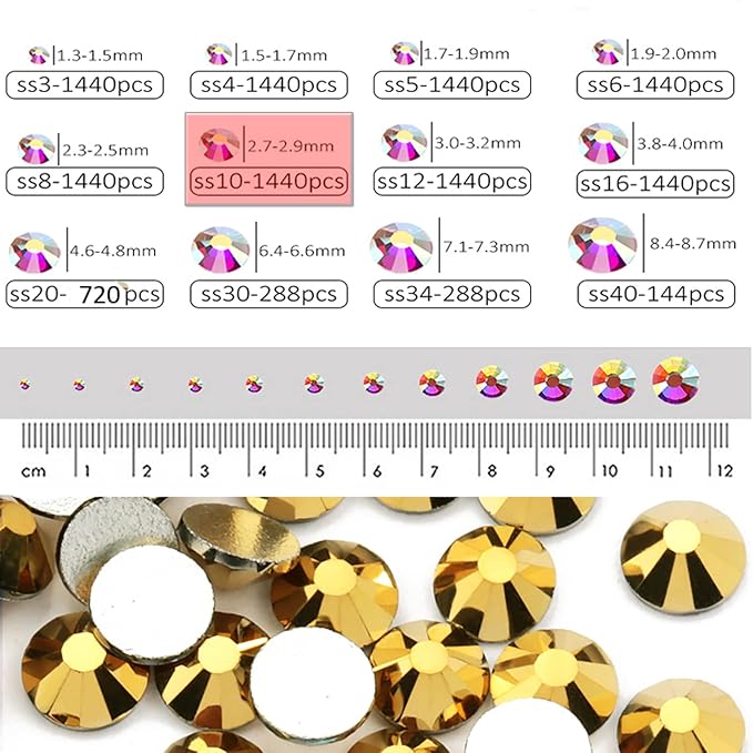 Dowarm 1440 Pieces SS10 Flatback Rhinestones, 2.8MM Glass Crystal Rhinestones for Craft Nails Dance Costumes, Flat Back Nail Crystals, Non Hotfix Rhinestones (SS10 / 2.8MM, Bright Gold)
