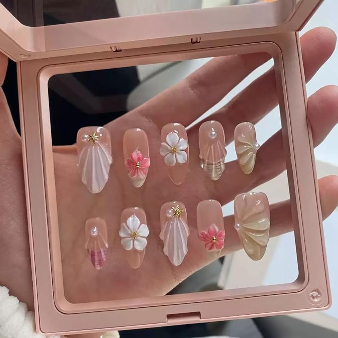 Luxury Press on Nails Medium Almond Handmade 3D Unique Reusable ABS Material Fake Nails French Tip False Nails with Designs Floral Pearls Summer Glossy Glue on Nail Thick Acrylic Nail(M)