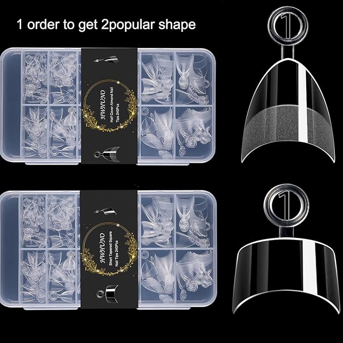 480Pcs Extra Short Half Cover Almond &Tapered Square Nail Tips Gel x Clear Set,2 Shape Pre Shape XXS for Manicure Art Home DIY Salon 12Sizes