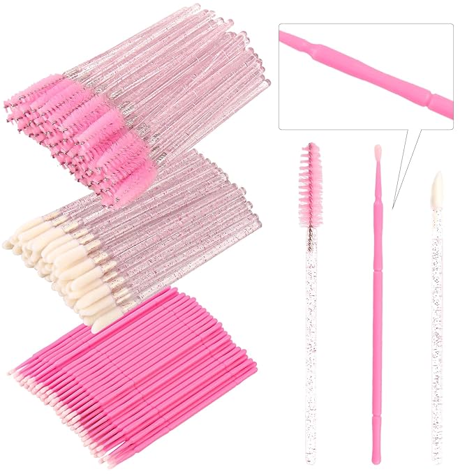 300 Pack Disposable Spoolies Brushes Sets Mascara Wand Lip Brushes Bamboo pole-shaped Handle Cotton Swab for Eyebrow Eyelash Extension Tattoo Lipstick Applicator(Pink)