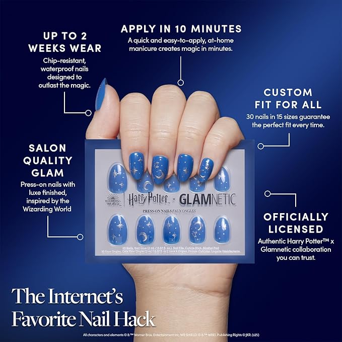 Harry Potter™ x Glamnetic Press On Nails - Luna Lovegood™ | Blue Moon & Star Celestial 3D Graphic Short Oval Nails in a Glossy Finish | 15 Sizes - 30 Nail Kit with Glue