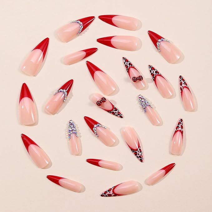 MISUD Press on Nails - Long Stiletto Fake Nails with Red French Tip, Acrylic Cheetah Rhinestone Design 24 pcs