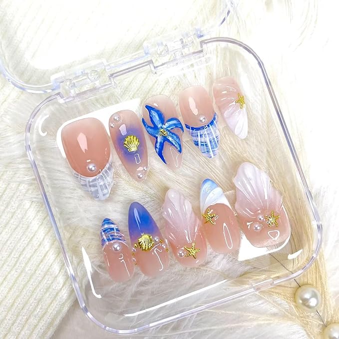 Women Press On Nails - Medium Length Almond False Nails 10Pcs Blue Shell Handmade 3D Painting Art ABS Acrylic Artificial Fingernails with Gold-Plated Nails (Size M)