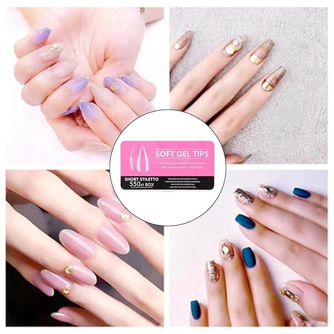 Gel Nail Tips Shape, 550 Pcs Half Matte Pre-Etched Press On False Nails, Full Cover Acrylic Nail Tips Kit for Nail Extensions, DIY Salon Nails. (Short Stiletto, Clear)