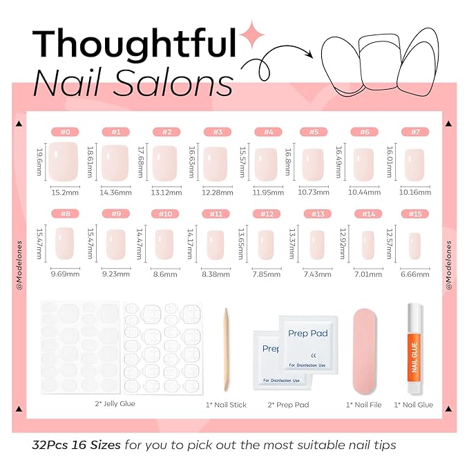 Modelones Whisper Pink Press on Nails, Spring Short Square Fake Nails, Reusable Nail Kit with Nail Glue Adhesive Tabs Mini Nail File, Nails Press Ons 32Pcs16 Sizes, Women Girl Gift