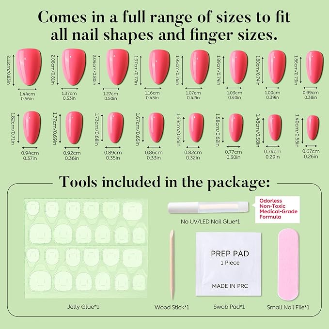 Luxbon Short Press On Nails Almond Acrylic with No-Cure Nail Glue and Tool Kit – Glue On Nails Soft Gel Nail Tips 25-30pcs Full Size Set, Reusable Fake Nails for Women, Salon Look at Home, Cherry