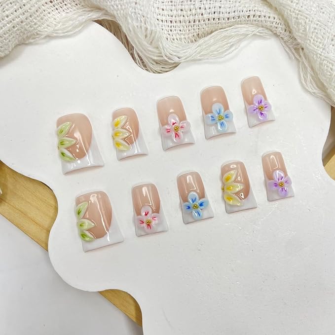 Handmade Press on Nails White French Press on Nails Short Duck Fake Nail Designs Colorful Flower False Nails Rhinestones Glossy Acrylic Nail for Women Nails Manicure Decoration (Size M)