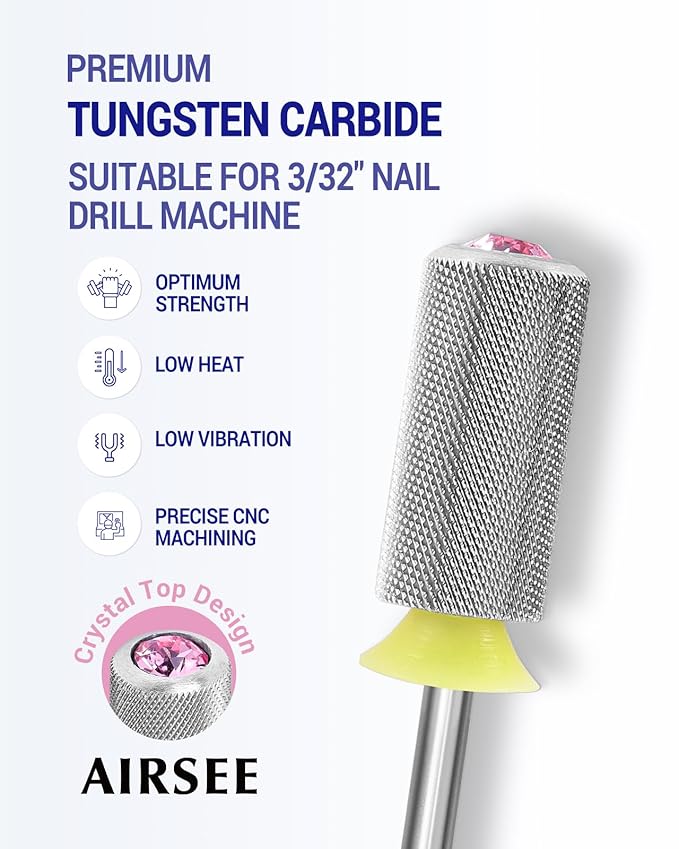 AIRSEE Tungsten Carbide Acrylic Nail Drill Bit Efile Electric File Machine Head Tip for Manicure Polishing Art Remove Gel 3/32" 2 Way Beginner Safety Pink Crystal Top Barrel Extra Fine-XF