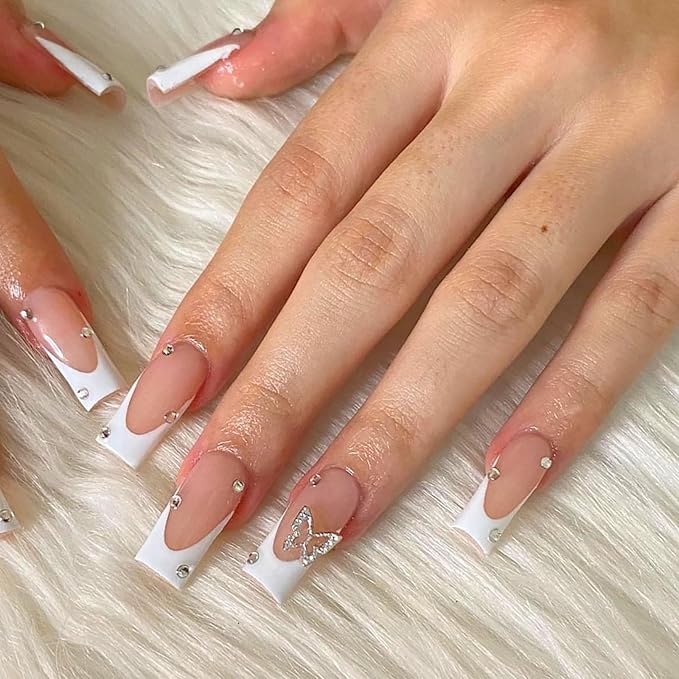 Press on Nails Medium Square MABKJLF French Tip Fake Nails Full Cover Pink False Nails with Butterfly Rhinestones Designs Glossy Glue on Nails Artificial Acrylic Nails for Women Girls 24 Pcs