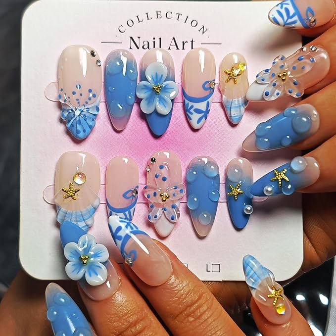 Handmade Acrylic Press On Nails Almond, 3D Press On Nails Medium, Ocean 3D Blue Nails French Tip Flower Bubble Preal For Women Gift, Reusable Stick On Fake Nails Kit With Nail Glue (Ocean Bloom-S)