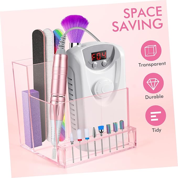 FRCOLOR Nail Drill Holder 10 Holes Mini Nail Drill Machine Bits Storage Box Transparent Acrylic Desk Organizer Stand Pink
