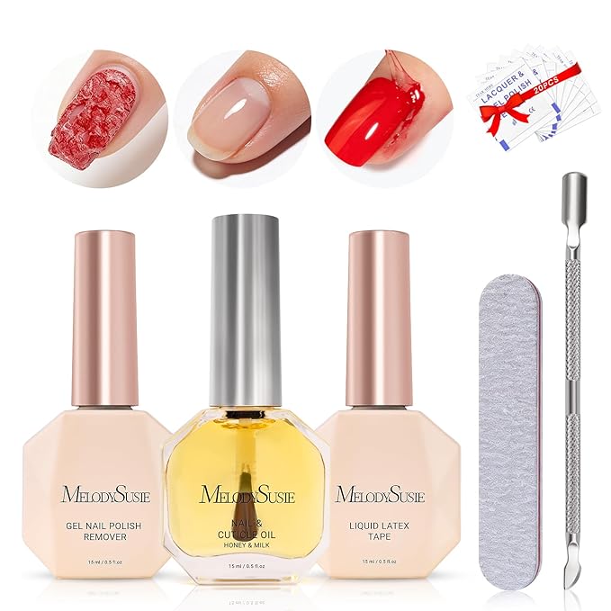 MelodySusie Gel Polish Remover Kit with Cuticle Oil & Liquid Latex Tape & Wipes & Peel Off Manicure Tools, Gel Remover for Nails 2-5 Minutes At Home, No Need Soaking Wrapping