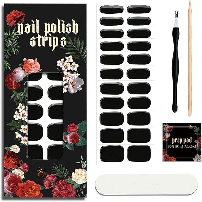 Nail Polish Strips (No UV Lamp Needed) - 22 Pcs Salon Quality Gel Nail Stickers - Long Lasting Wraps (Satin Black)