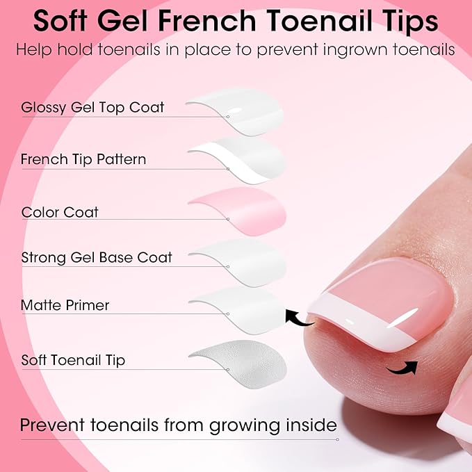 French Tip Toe Nail Tips Press on, Gellen Toe Nail Press ons Short Pink, Chip-free Soft Gel Toe Nail Tips Full Cover Pre-designed for Fast Pedicure, 15 Sizes 240pcs Fake Toenails