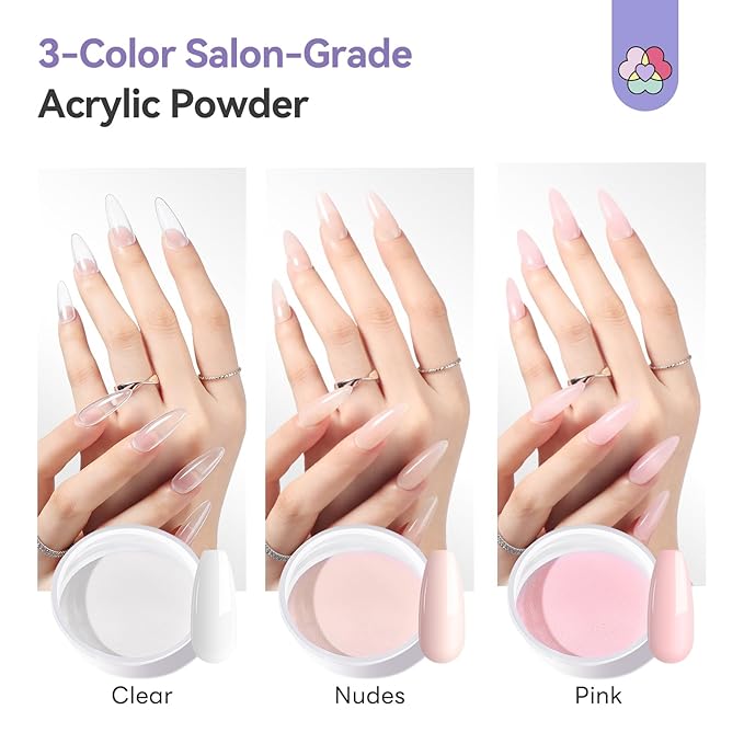 SAVILAND Acrylic Nail Kit for Beginners: Clear Pink Nude Acrylic Powder and Liquid Set with #12 Nail Brush File Forms Dappen Dish for Acrylic Nails Extension & 3D Carving Home DIY Salon Manicure