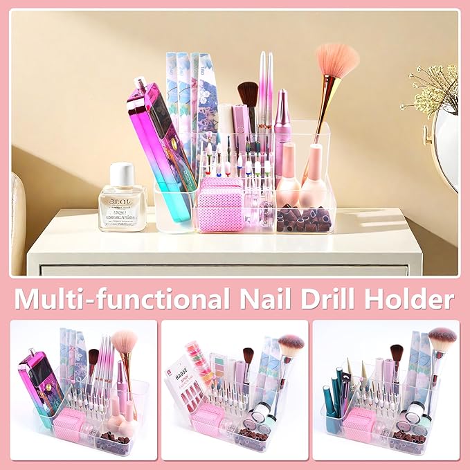 Nail Drill Holder & 28 Holes Nail Drill Bits Holder, Transparent Acrylic Nail Drill Machine Storage Box, Professional Nail Drill Organizer Case for Manicure tools