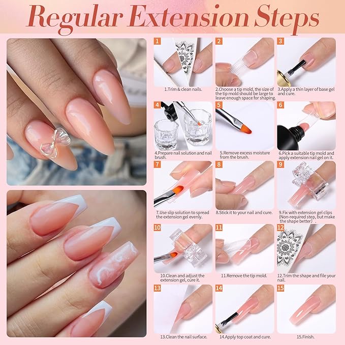 BORN PRETTY Extension Nail Gel Kit-6 Colors Gel Kit Nude Clear Jelly All-In-1 Set Builder Glue with U V Lamp Base Top Coat Set Forms French Manicure Set for Beginner