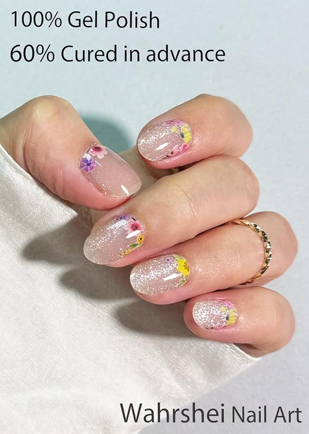 UV Gel Nail Stickers, Flower Cat Eye 20pcs Semi Cured Gel Nail Strips, Wraps for Home Manicure DIY