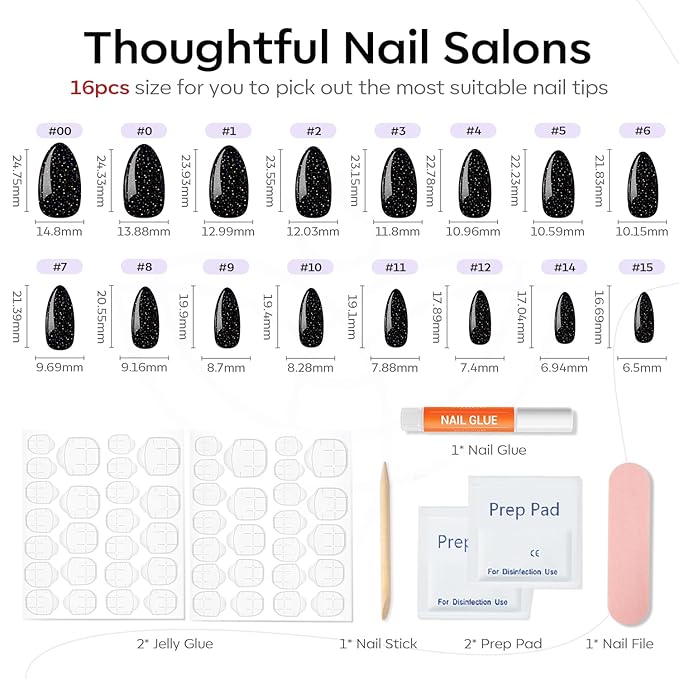 Modelones 32Pcs Sparkle Black Press on Nails Almond, Glitter Short Almond Fake Nails, Reusable Nail Kit with Nail Glue Adhesive Tabs Mini Nail File, Nails Press Ons 16 Sizes