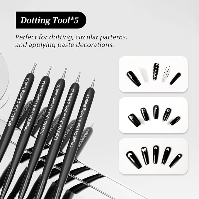 Nail Art Liner Brushes 5Pcs with Caps & Bag,Double‑Ended Thin Liner & Dotting Pen Set(4/8/12/15/20mm) for Long Lines,Fine Details,Gel Polish & Nail Painting