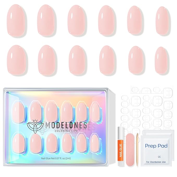 modelones Nude Pink Short Press on Nails, Semi-Transparent Oval Fake Nails Kit Press Ons with Nail Glue, Adhesive Tabs, Nail File, Prep Pad, Manicure Stick, 32Pcs 16 Sizes, Spring Women Girl Gift