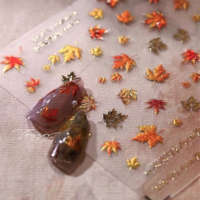 Maple Leaf Nail Stickers 5D Embossed Autumn Leaf Nail Designs 3D Self-Adhesive Gold Plant Fall Nail Decals Cute Fall Sticker Thanksgiving Day Manicure Acrylic Nails Accessories for Women Girls DIY