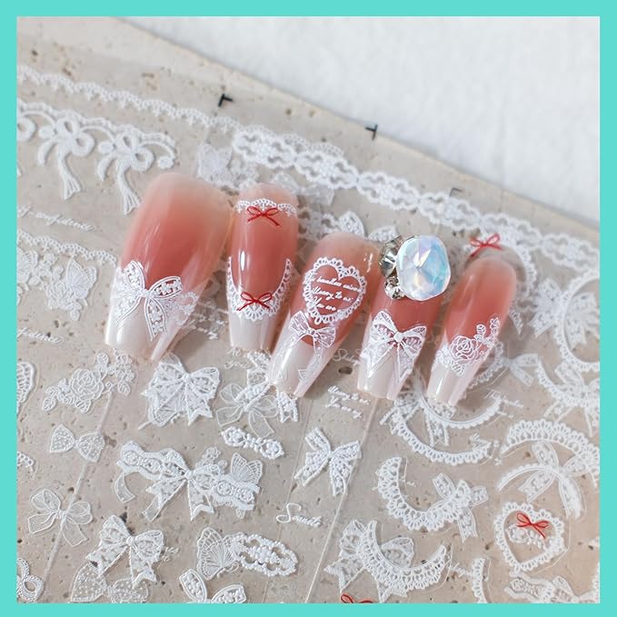 White Ruffle Lace Nail Art Stickers, Butterfly Theme Decals, Self-Adhesive, Nail Accessories for Women, French Decorations 3 Sheets