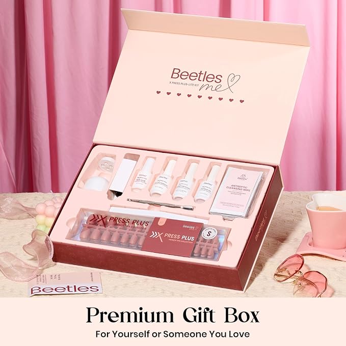 Beetles X Press Plus Gel Nails Kit - Candy Nova | 7 Colors Nude Cat Eye Press On Nails Short Square | 224Pcs 16 Sizes All-in-One Kit With Nail Glue,Remover,Builder Top Coat,Nail Lamp Gift