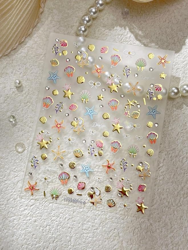 Gold Star Nail Stickers Golden Starfish Nail Supplies 5D Embossed Pearl Shell Nails Designs 3D Self-Adhesive Rhinestone Bow Nail Decals Ocean Nail Art Decoration for Women Girls DIY Manicure 1 Sheet