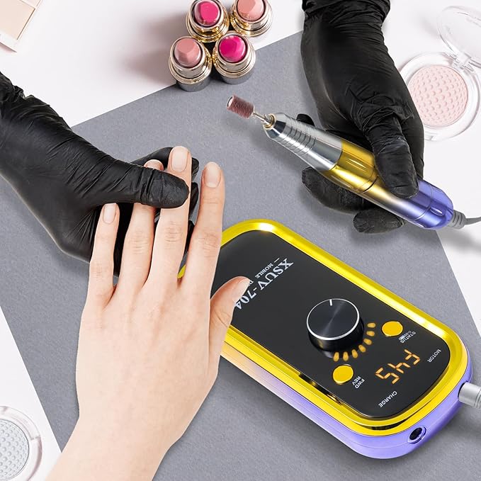 Professional Electric Nail Drill Kit 45000RPM with Bits and Base Yellow Portable Rechargeable Cordless Nail E- File Machine for Acrylic Gel Powder Nails and Manicure Pedicure Toenail Tool Set