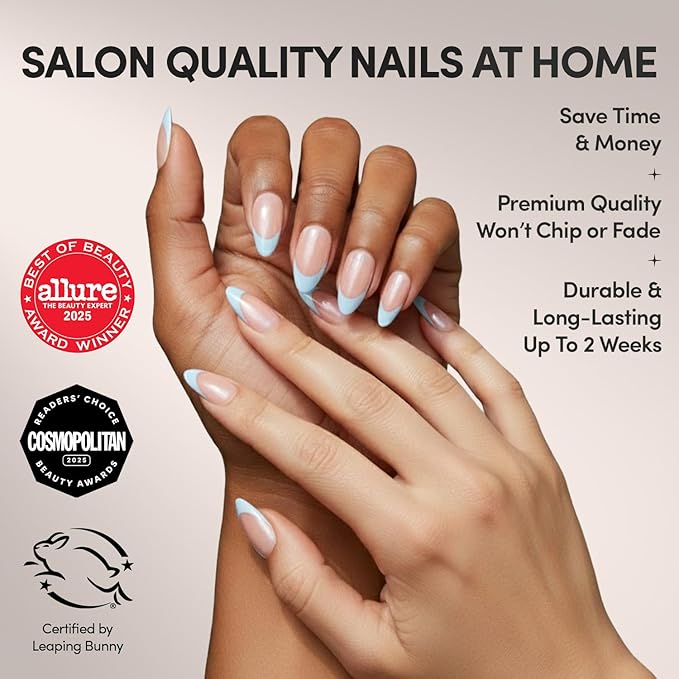Glamnetic Press On Nails - Blueberry Icing Fake Nails | Short Almond Baby Blue French Tip Nails with a Glaze Finish | 15 Sizes - 30 Nail Kit with Glue