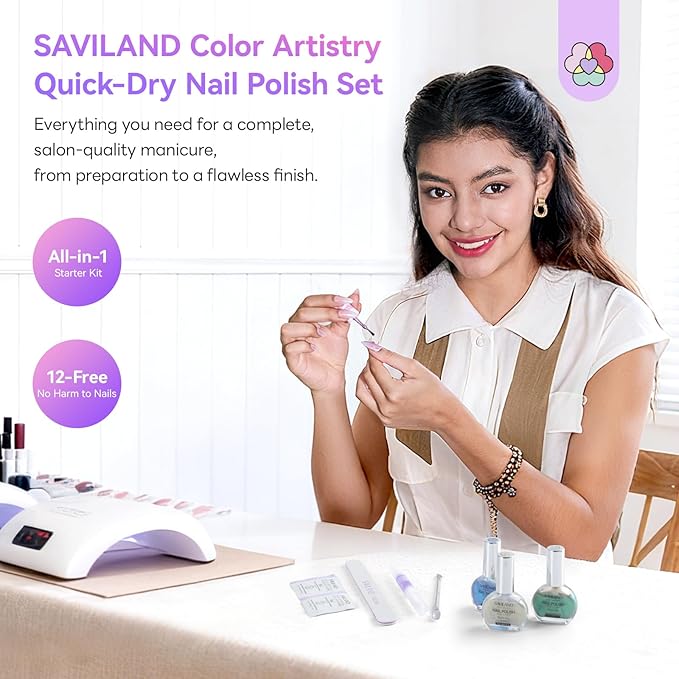 SAVILAND Quick-Dry Aurora Nail Polish Kit: 6+1 Colors Nail Polish Set with 3-in-1 Base Top Coat Cuticle Oil Pearl Glitter Pink Blue Green 12-Free Fingernail Polish Home DIY for Women Gift