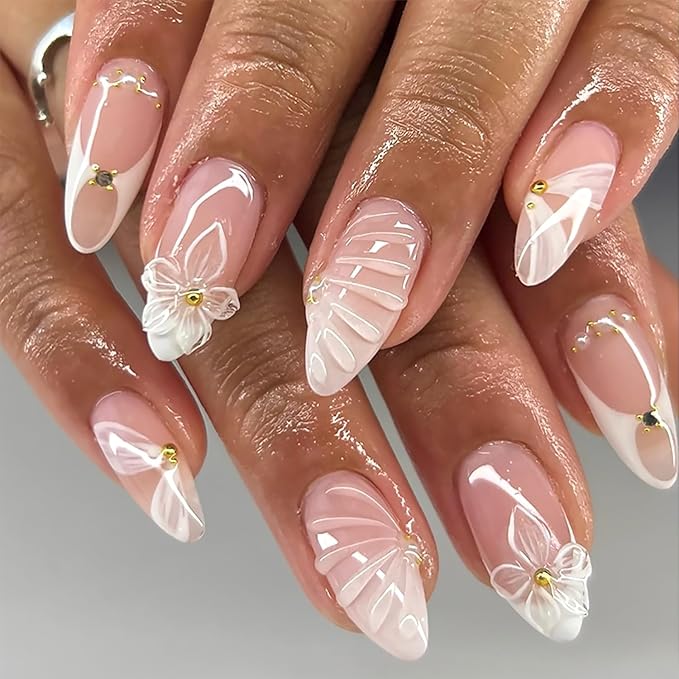24Pcs White French Tip Press on Nails Medium Almond Fake Nails 3D Flower with Gold Rhinestones Design Ripple Pearl False Nails Nude Full Cover Artificial Glue on Nails Ribbon Stick on Nail for Women