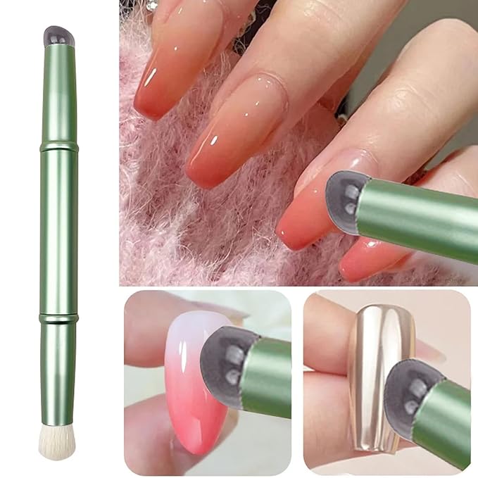 WOKOTO 3pcs Double Headed Nail Art Brushes Chrome Gold Blue Green Silicone Ombre Nail Brushes And Nail Dust Brushes For Nail Art Grandient Design Nail Ombre Brush For Acrylic Nails Painting Brush