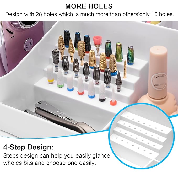 ANRUI Nail Drill Machine & Bits Storage Box, Plastic Nail desk organizer of 28 Holes Nail Drill Holder, Professional Nail Drill Grinding Bit Holder Box for Manicure tools - White