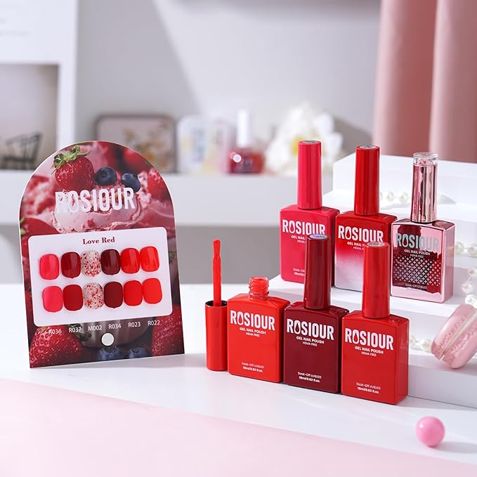 6PCS 18ml Gel Nail Polish Set- Hema Free Orange Scarlet Red Soak off Gel Polish Set with Swatch Board- Flame Burgundy Red Gel Colors Nail Art Manicure Salon DIY at Home for Women Girl