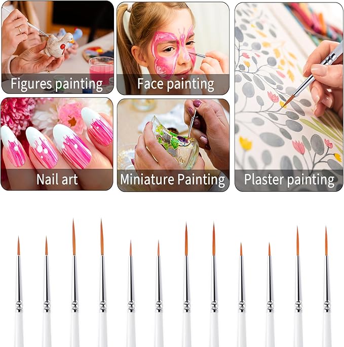 cobee 12Pcs Fine Paint Brushes, Detail Paint Brushes Micro Artist Paintbrush Set Acrylic Paint Brushes for Kids Students Artists Detail Painting Oil Fine Art Painting Watercolor Nail Art