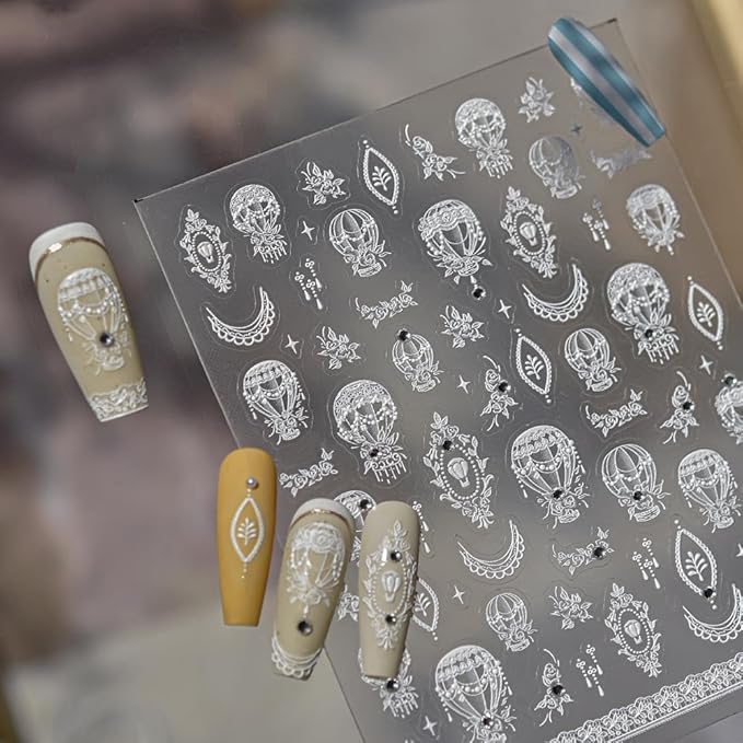 Lace Nail Stickers Hot Air Balloon Nail Designs with Rhinestones Self-Adhesive Flower Nail Decals 5D Embossed White Frame Sticker Manicure Accessories for Women Girls DIY Acrylic Nails 1 Sheet